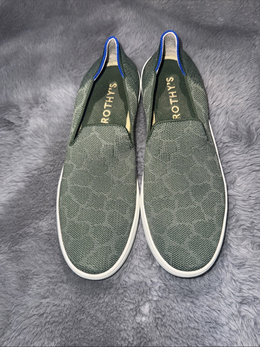 Rothy's women size9 safari Olive Green Knit Slip-On Loafers with Blue Heel Trim